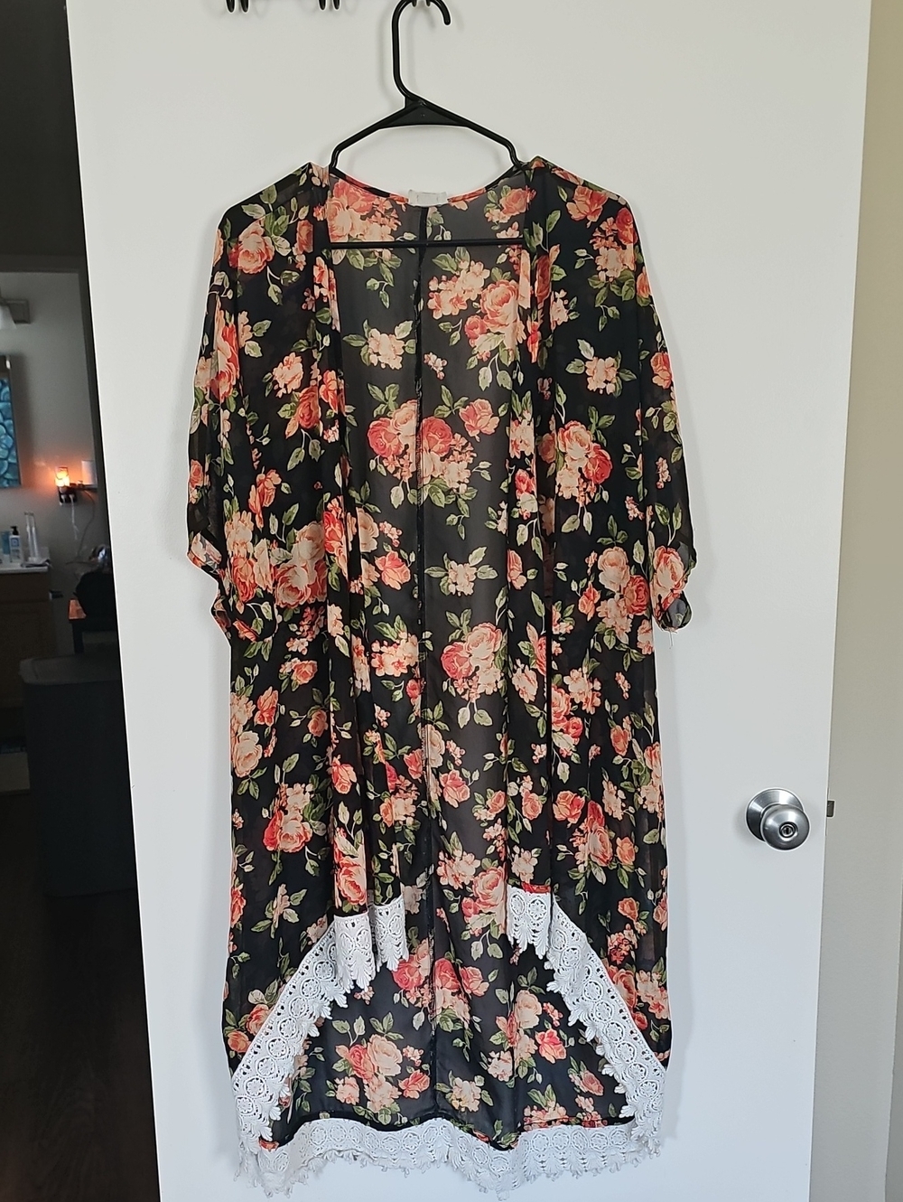 La Hearts Black Floral Sheer Kimono with White Lace Trim
